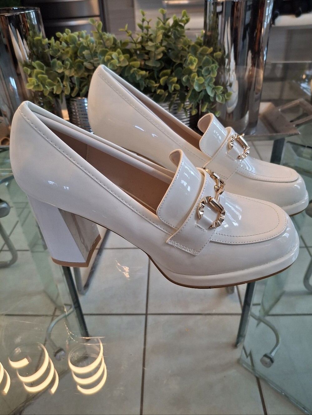 Classic Patent Leather Block Heel Loafers in Cream